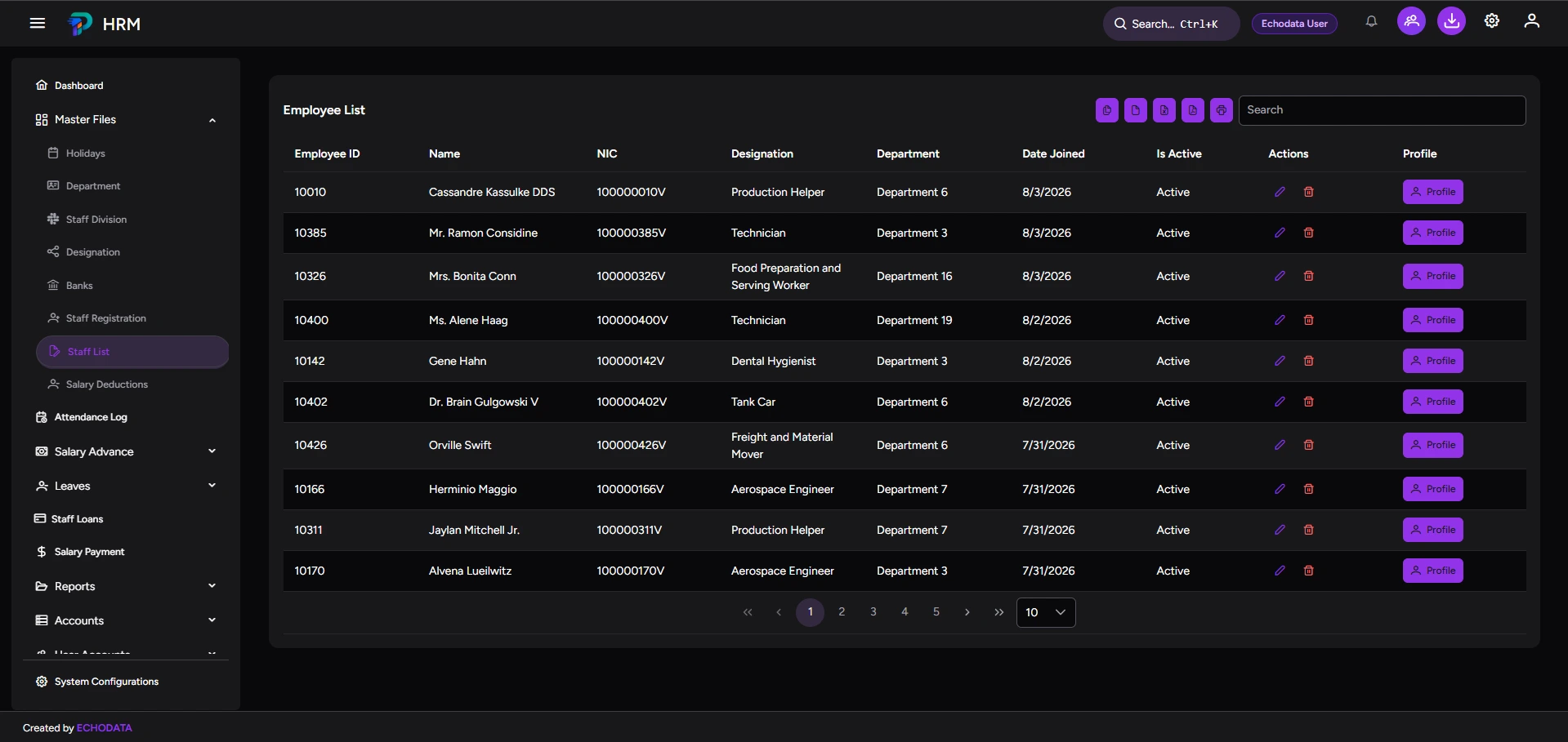 Employee records dark theme