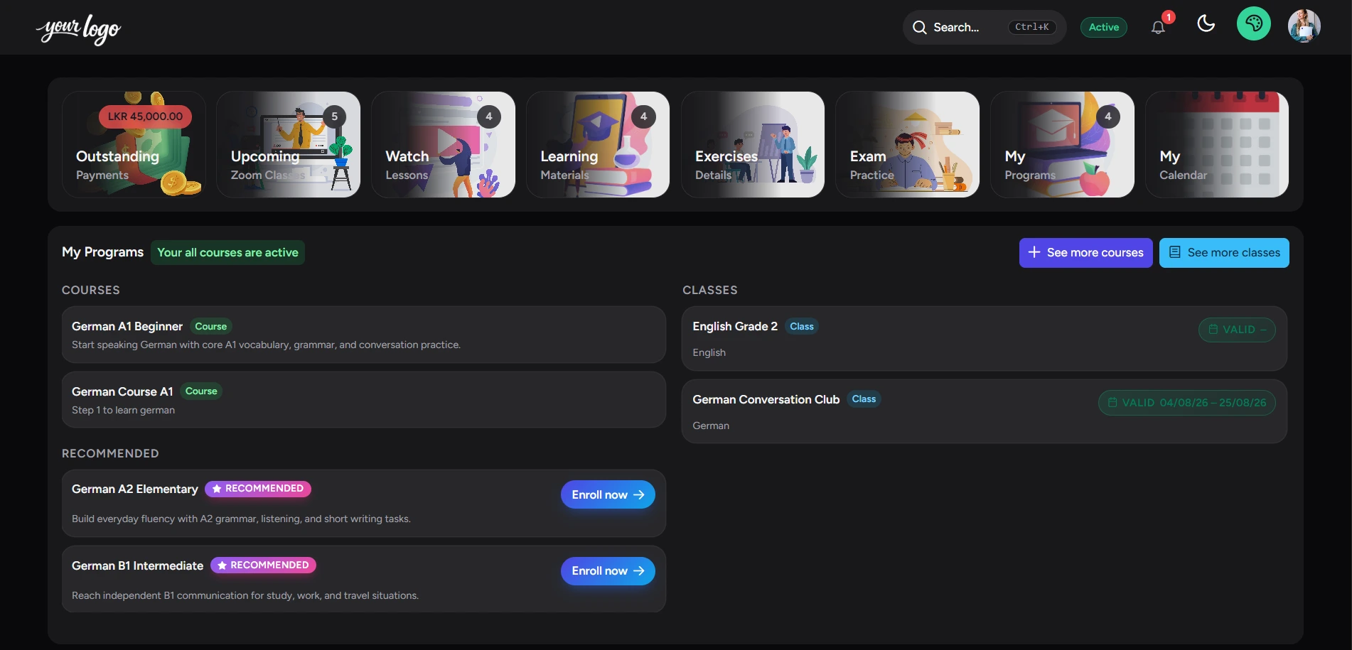 Student dashboard dark theme
