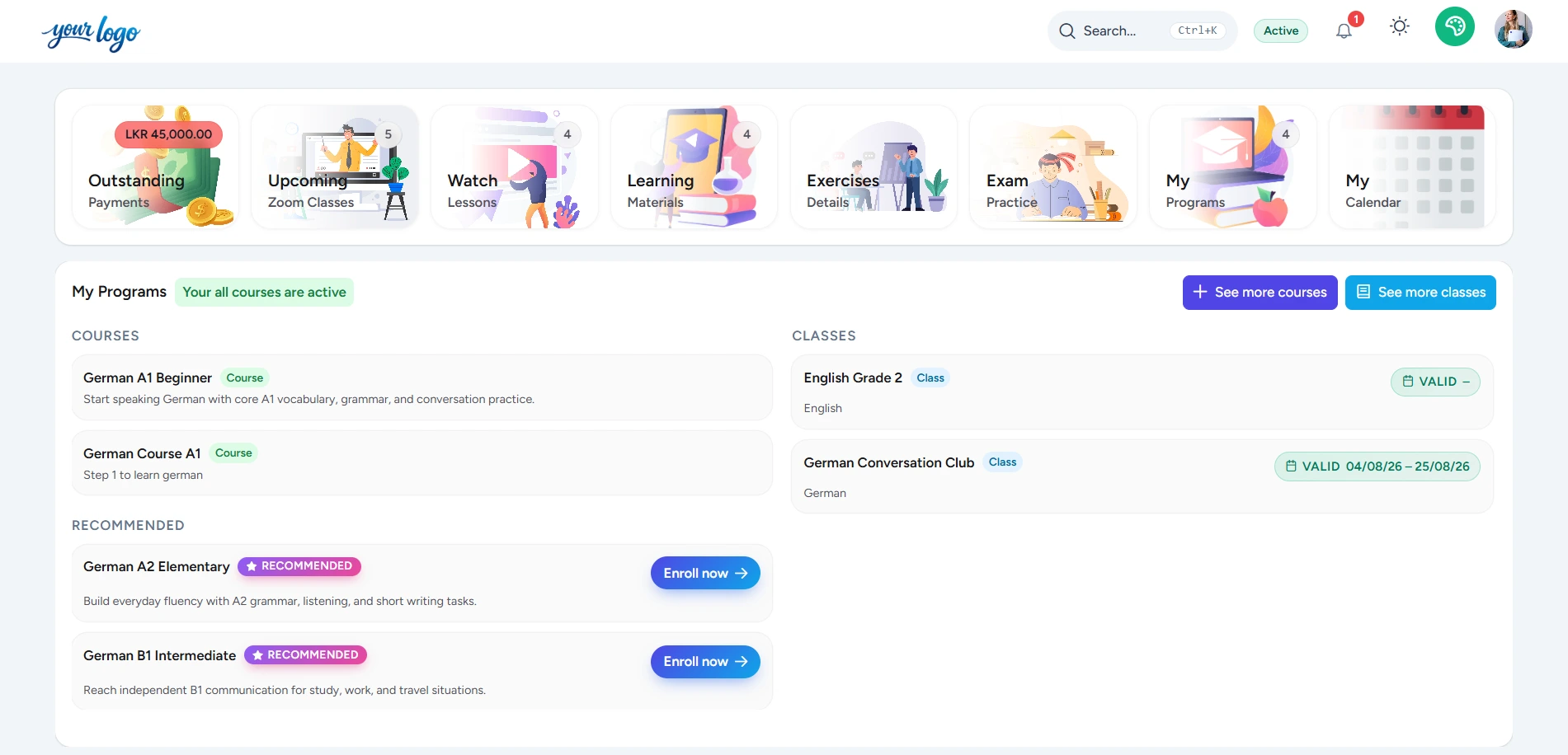 Student dashboard light theme